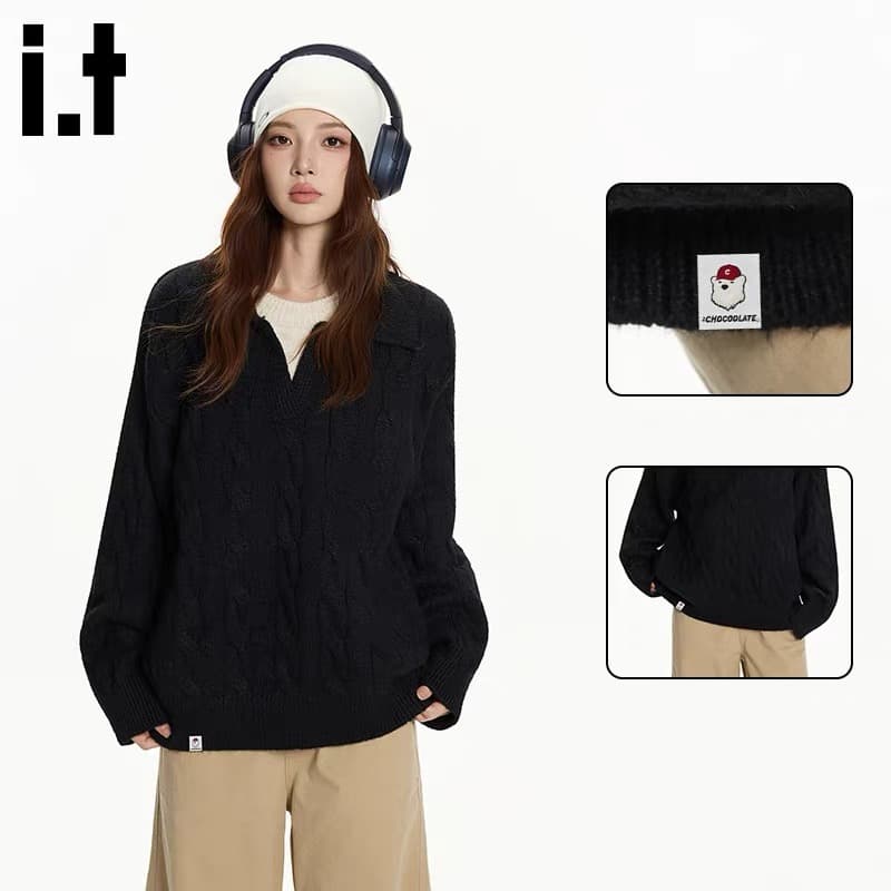 레트로 꽈배기 페이크 레이어드 패치워크 POLO 칼라 풀오버 스웨터 여자 가을 겨울 조수 브랜드 캐주얼 폴로 칼라 니트 스웨터 맨위