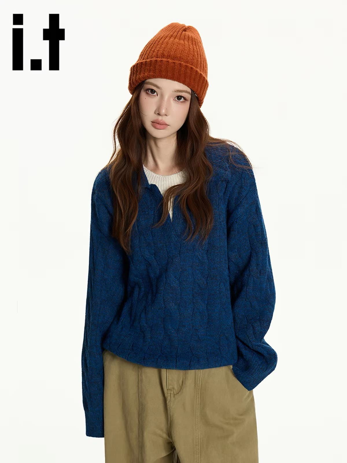 레트로 꽈배기 페이크 레이어드 패치워크 POLO 칼라 풀오버 스웨터 여자 가을 겨울 조수 브랜드 캐주얼 폴로 칼라 니트 스웨터 맨위 상세 이미지 2