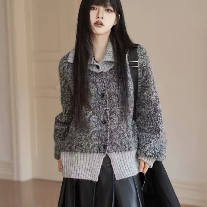 프랑스식 레트로 혼합 색상 스탠드 칼라 오픈 가디건 스웨터 여자 가을 겨울 느긋한 바람 와이드 부드러운 찹쌀 호박 주황색 니트 스웨터 재킷