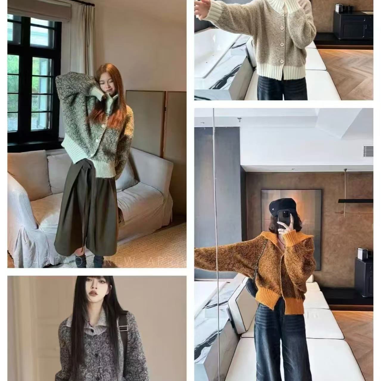 프랑스식 레트로 혼합 색상 스탠드 칼라 오픈 가디건 스웨터 여자 가을 겨울 느긋한 바람 와이드 부드러운 찹쌀 호박 주황색 니트 스웨터 재킷 이미지 5
