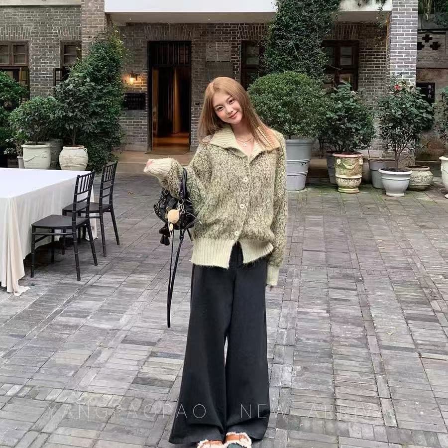 프랑스식 레트로 혼합 색상 스탠드 칼라 오픈 가디건 스웨터 여자 가을 겨울 느긋한 바람 와이드 부드러운 찹쌀 호박 주황색 니트 스웨터 재킷 상세 이미지 4