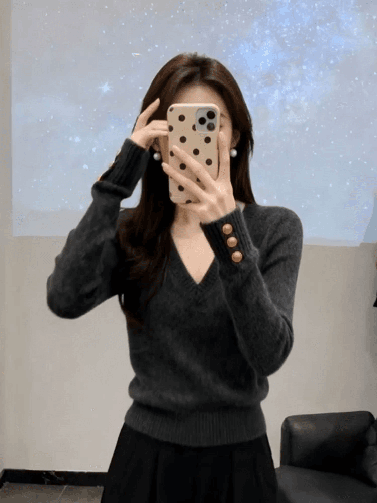 한 부서 레트로 V넥 긴팔 만나는 니트 스웨터 여성 가을 겨울철 몸매 가꾸기 슬림해 보이는 고급 센스 스웨터 인사이드 잡아라. 의류