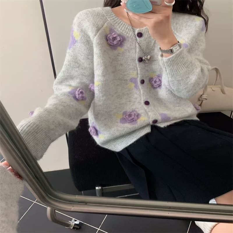 품격 달콤함 부드러운 연령 감소 루즈핏 니트 오픈 가디건 겨울 재킷 3 차원 꽃 스웨터 빅 사이즈 새로운 이미지 4