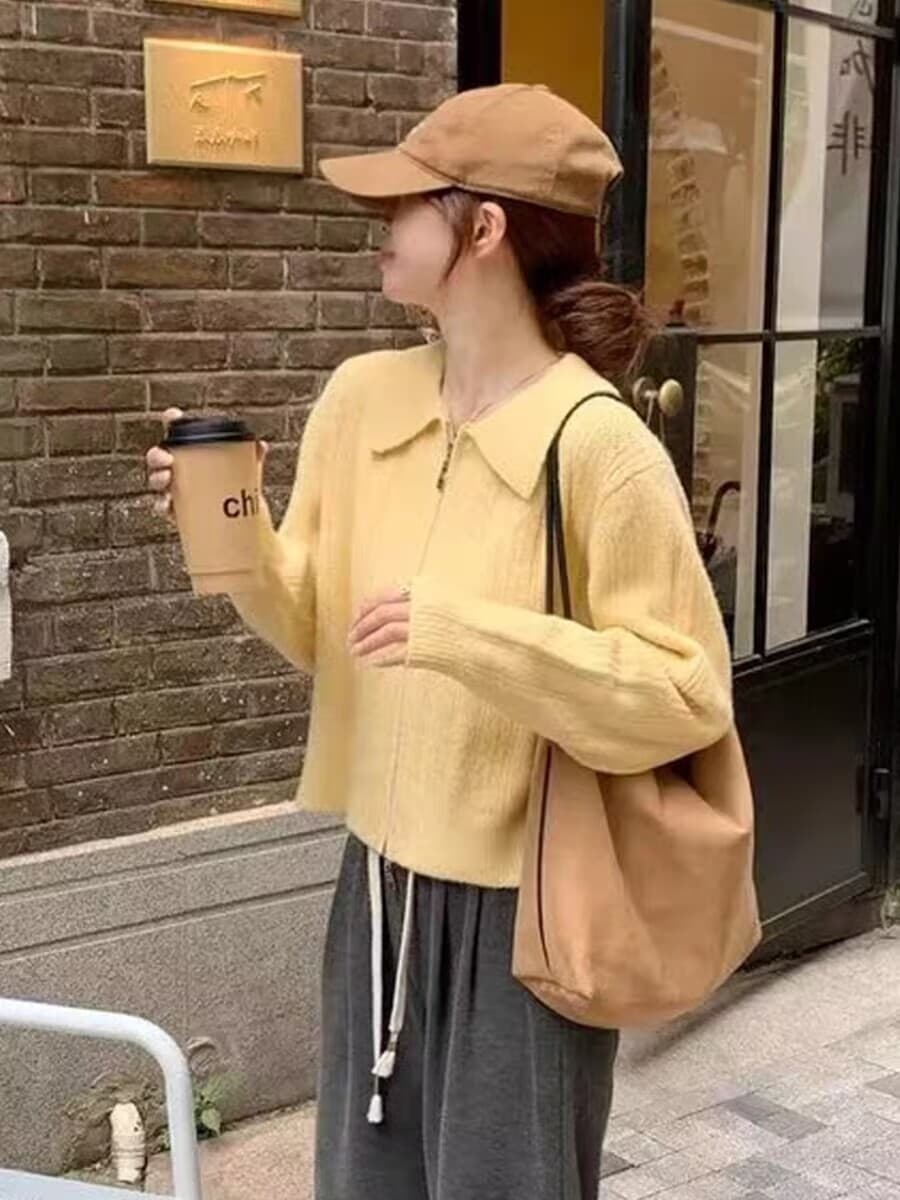 프랑스식 황색 폴로 칼라 긴팔 스웨터 여성 코트 이른 가을 새로운 더블 지퍼 디자인 니트 오픈 가디건 맨위 이미지 2