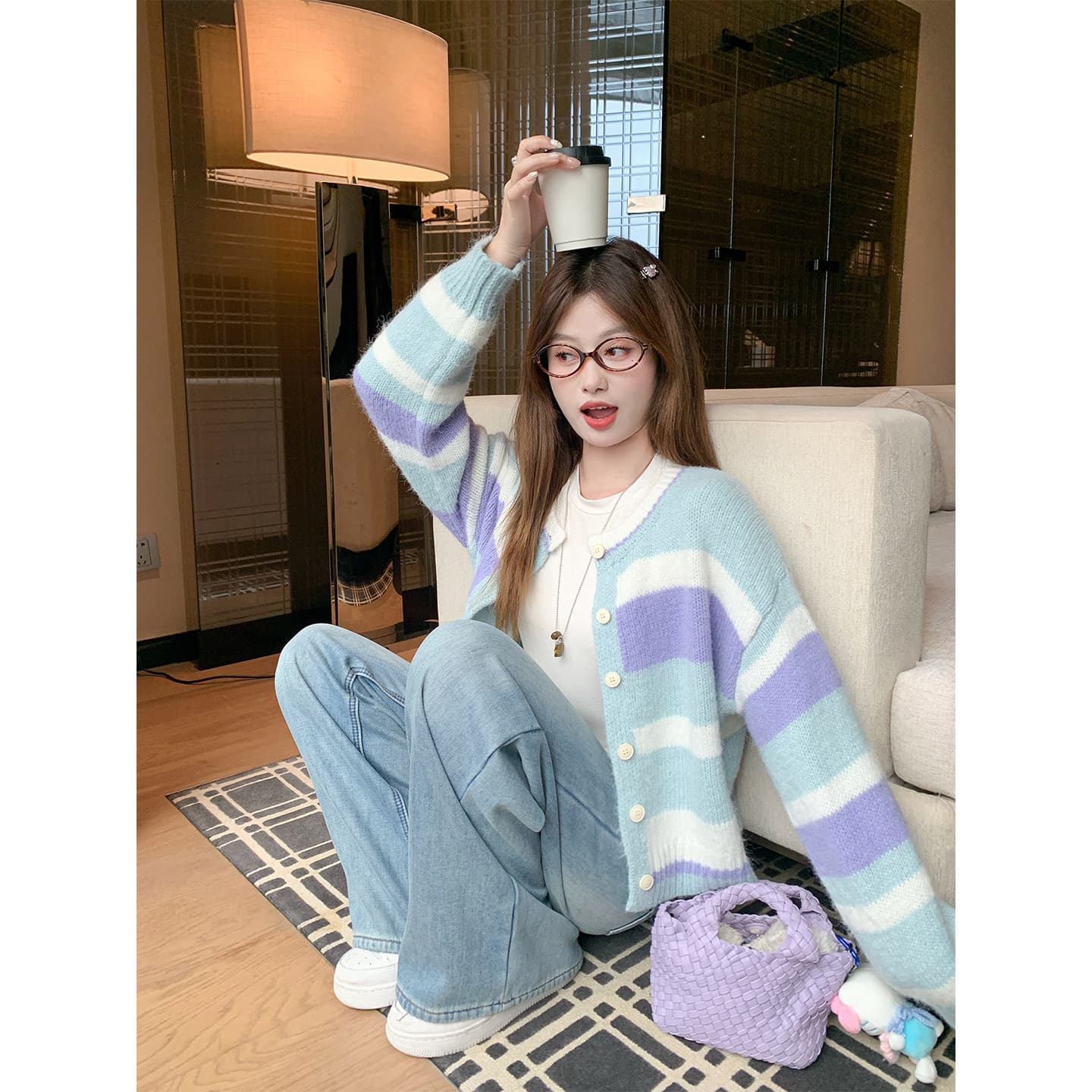 한 번 작은 짭짤한 한 부서 색상 스트라이프 쇼트 스타일 니트 오픈 가디건 여성 가을 겨울 루즈핏 스웨터 코트 맨위 겨울 이미지 2