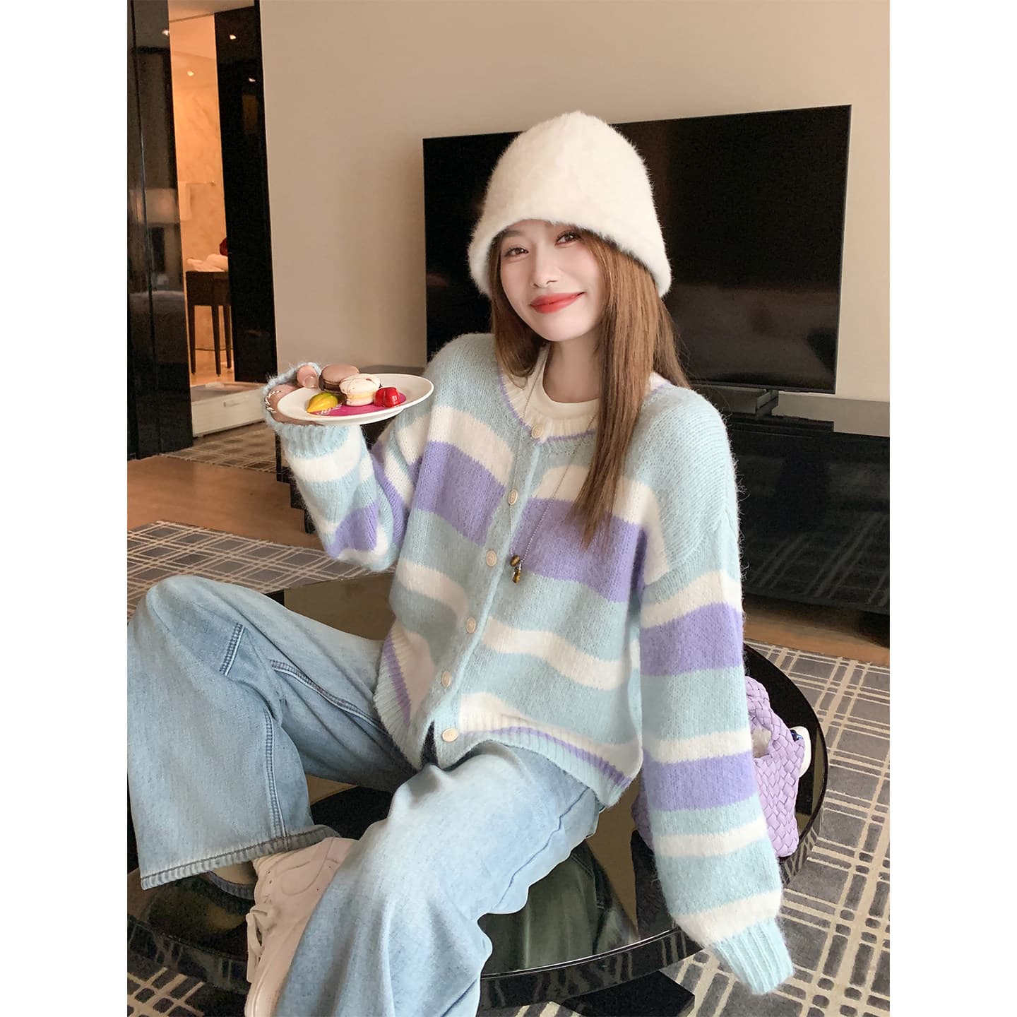 한 번 작은 짭짤한 한 부서 색상 스트라이프 쇼트 스타일 니트 오픈 가디건 여성 가을 겨울 루즈핏 스웨터 코트 맨위 겨울