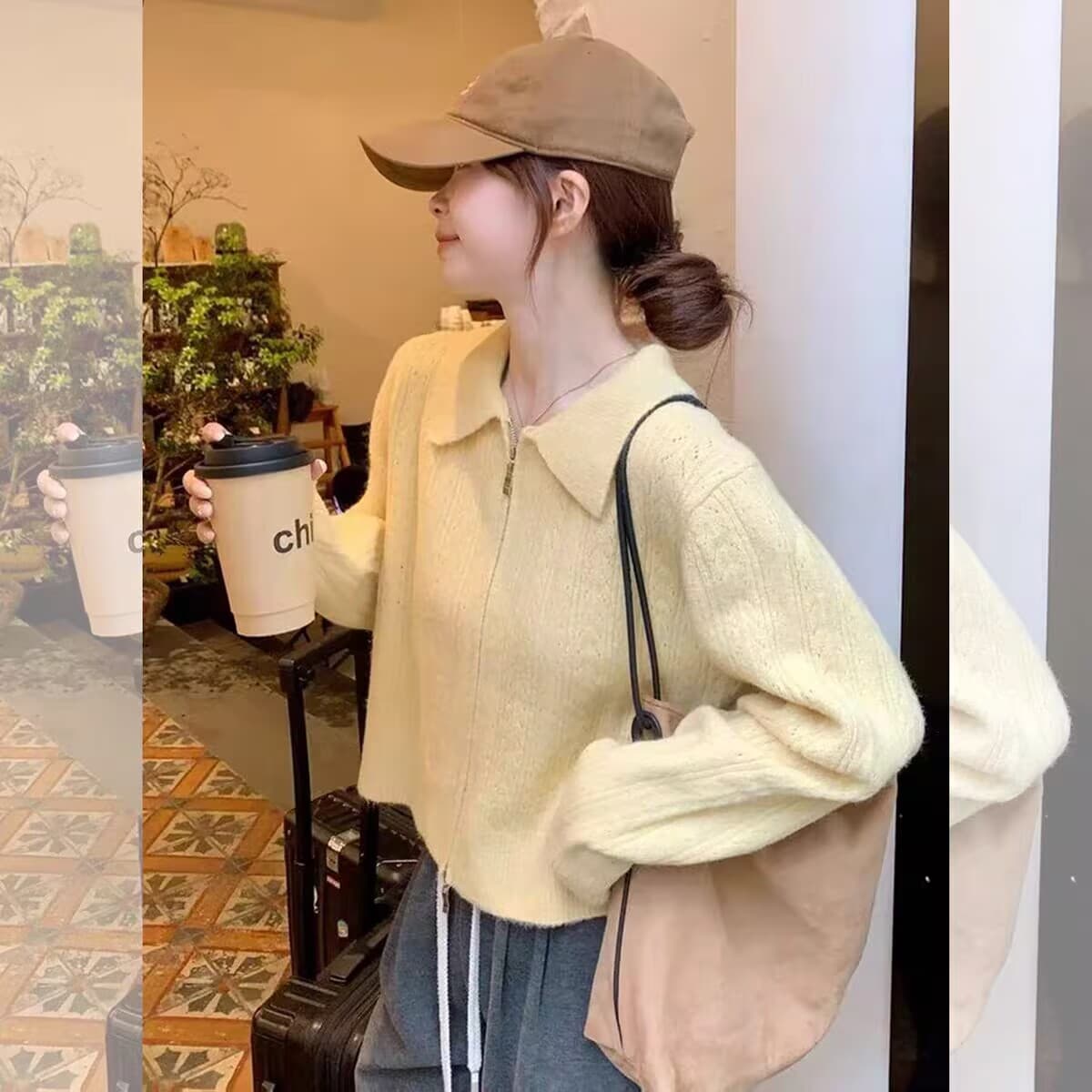 프랑스식 황색 폴로 칼라 긴팔 스웨터 여성 코트 이른 가을 새로운 더블 지퍼 디자인 니트 오픈 가디건 맨위 상세 이미지 1