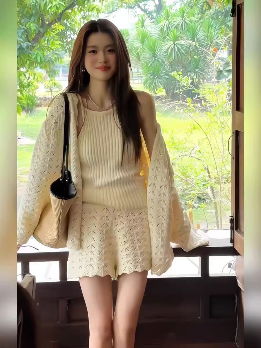홀로우 아웃 긴팔 니트 스웨터 여성 봄 인사이드 가져 가라. 민소매 조끼 캐주얼 루즈핏 넓은 다리가 짧다. 바지 세트 상세 이미지 4