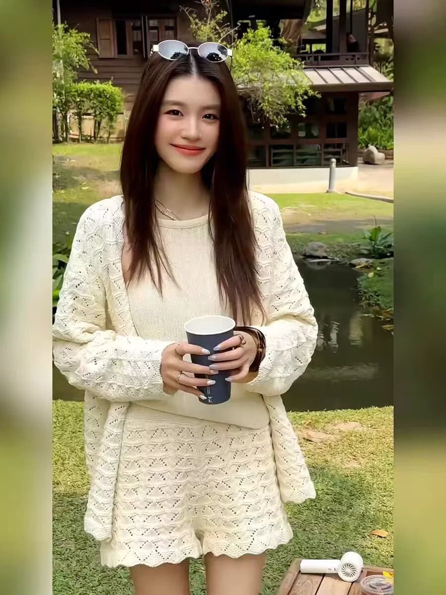 홀로우 아웃 긴팔 니트 스웨터 여성 봄 인사이드 가져 가라. 민소매 조끼 캐주얼 루즈핏 넓은 다리가 짧다. 바지 세트 상세 이미지 5