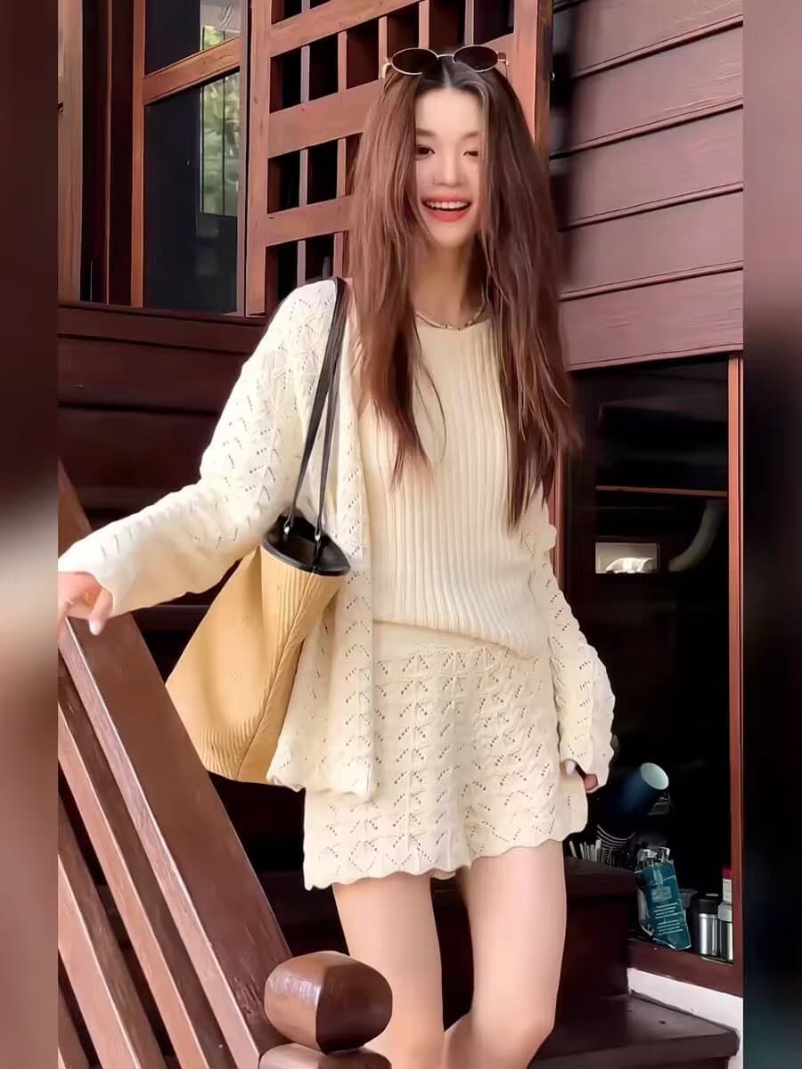 홀로우 아웃 긴팔 니트 스웨터 여성 봄 인사이드 가져 가라. 민소매 조끼 캐주얼 루즈핏 넓은 다리가 짧다. 바지 세트 상세 이미지 6