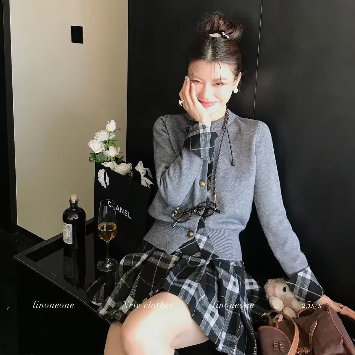 tongaabb 우유 커피 학원 한 부서 쌀 화이트 패치워크 페이크 레이어드 디자인 센스 스웨터 오픈 가디건 카키 체크무늬 이미지 5