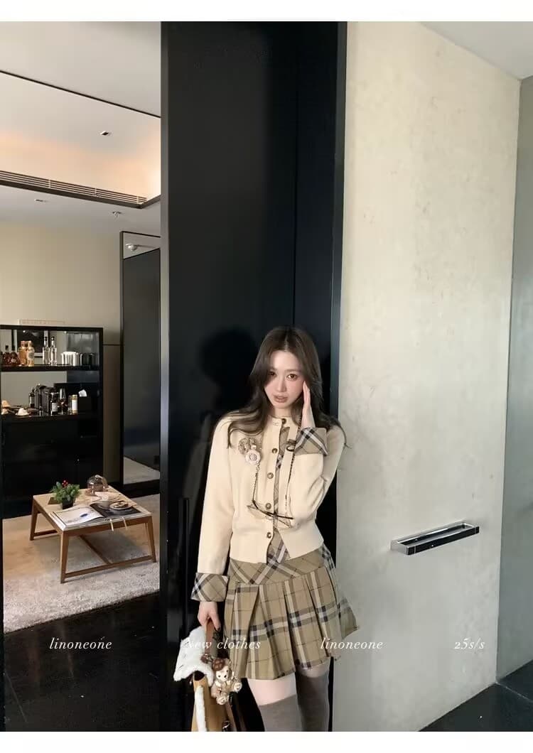 tongaabb 우유 커피 학원 한 부서 쌀 화이트 패치워크 페이크 레이어드 디자인 센스 스웨터 오픈 가디건 카키 체크무늬 상세 이미지 8