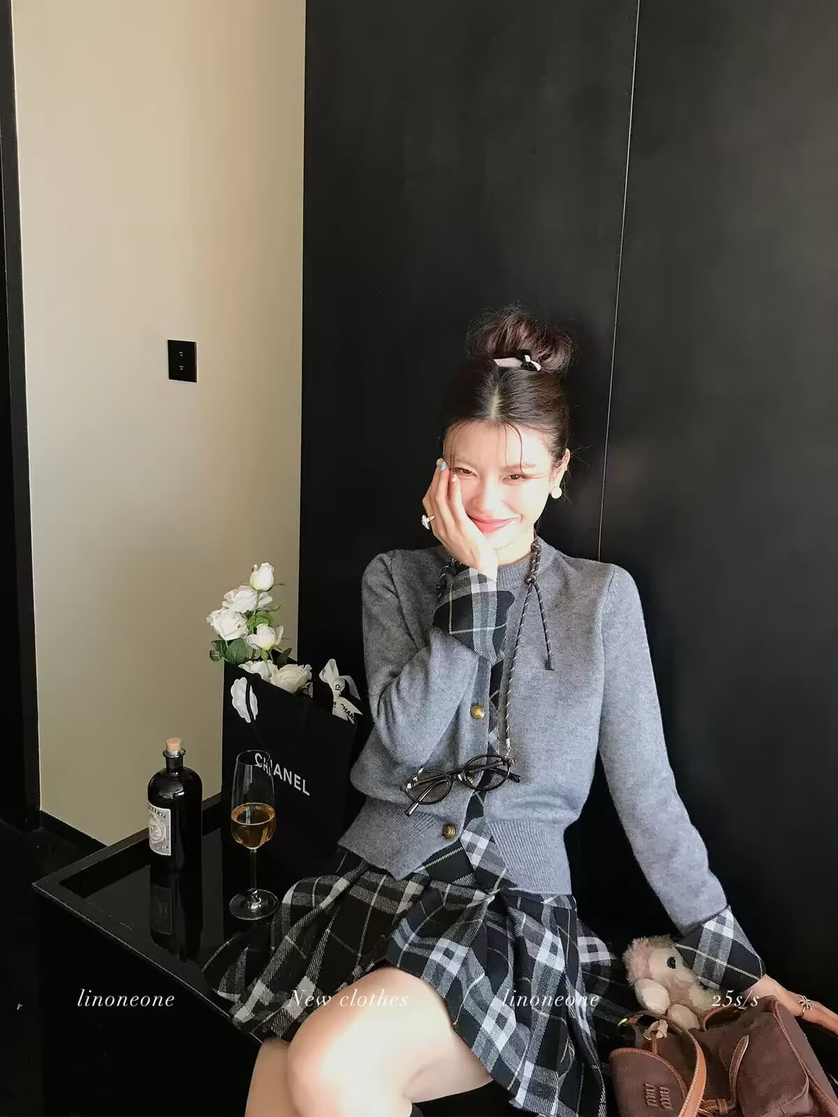 tongaabb 우유 커피 학원 한 부서 쌀 화이트 패치워크 페이크 레이어드 디자인 센스 스웨터 오픈 가디건 카키 체크무늬 상세 이미지 10