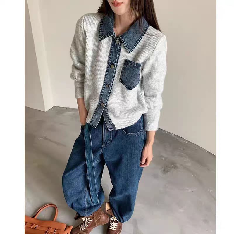 가을 겨울 poiol 칼라 패치워크 데님 작은 대중 디자인 센스 니트 오픈 가디건 스웨터 여자 루즈핏 재킷 이미지 3