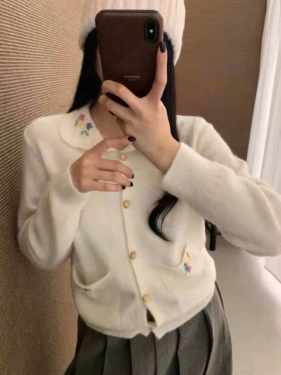 한 부서 라운드 넥 긴팔 양모 니트 오픈 가디건 여성 품격 다용도 패션 무거운 작업 작은 샤넬 스타일 새로운 가을 겨울 스웨터 이미지 4