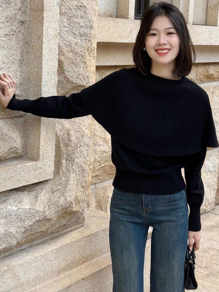 가을 새로운 부드러운 바람 망토 칼라 긴팔 니트 스웨터 패션 디자인 센스 느긋한 풀오버 여성 의류 맨위 상세 이미지 3