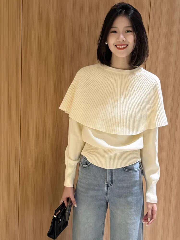 가을 새로운 부드러운 바람 망토 칼라 긴팔 니트 스웨터 패션 디자인 센스 느긋한 풀오버 여성 의류 맨위 상세 이미지 5