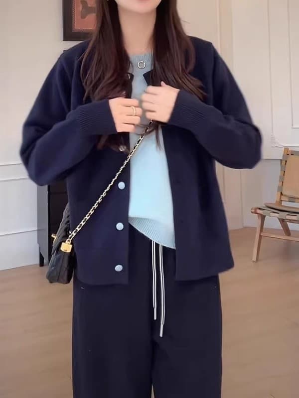 느긋한 바람 레트로 배색 패치워크 페이크 레이어드 니트 오픈 가디건 여성 가을 빅 사이즈 지방 mm 슬림해 보이는 디자인 센스 스웨터 상세 이미지 3