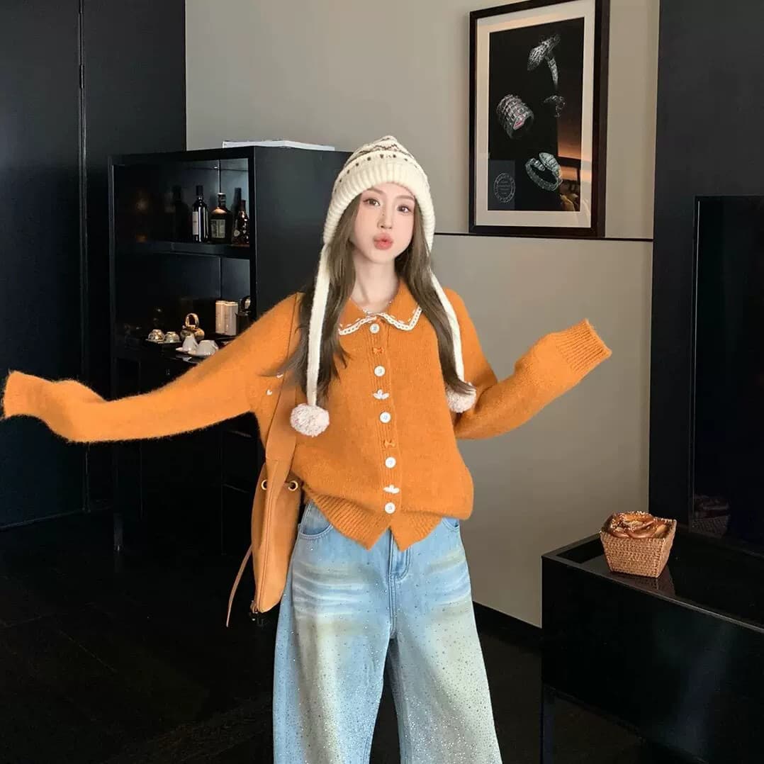 한국 스타일 달콤한 스타일 베이비 칼라 레이스 조각 니트 오픈 가디건 여성 가을 겨울철 세련된 숨기기 고기 연령 감소 다용도 맨위 상세 이미지 1