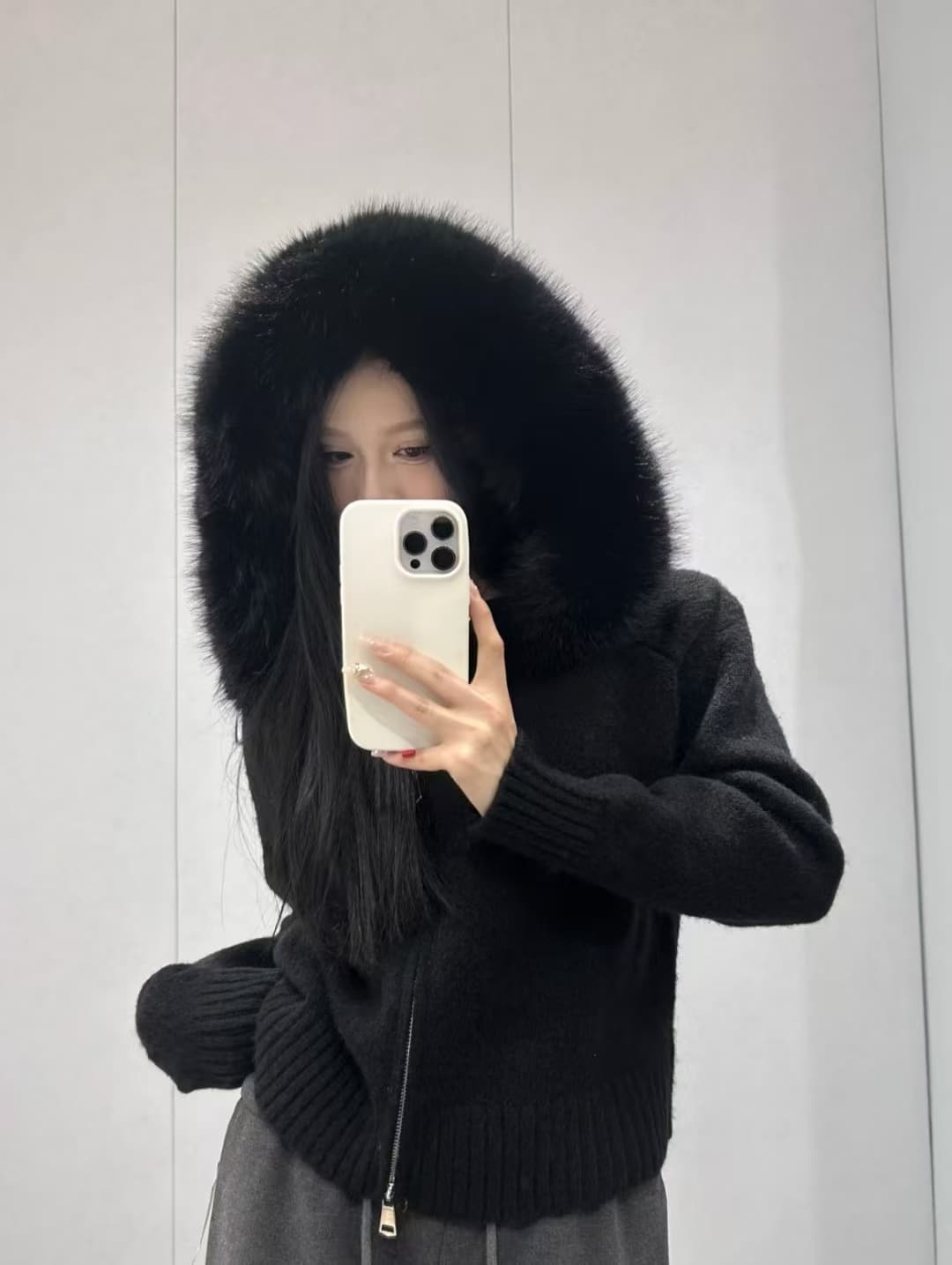 가을 겨울 레트로 품격 루즈핏 캐주얼 다용도 긴팔 큰 모피 칼라 후드 니트 스웨터 여성 코트 이미지 2