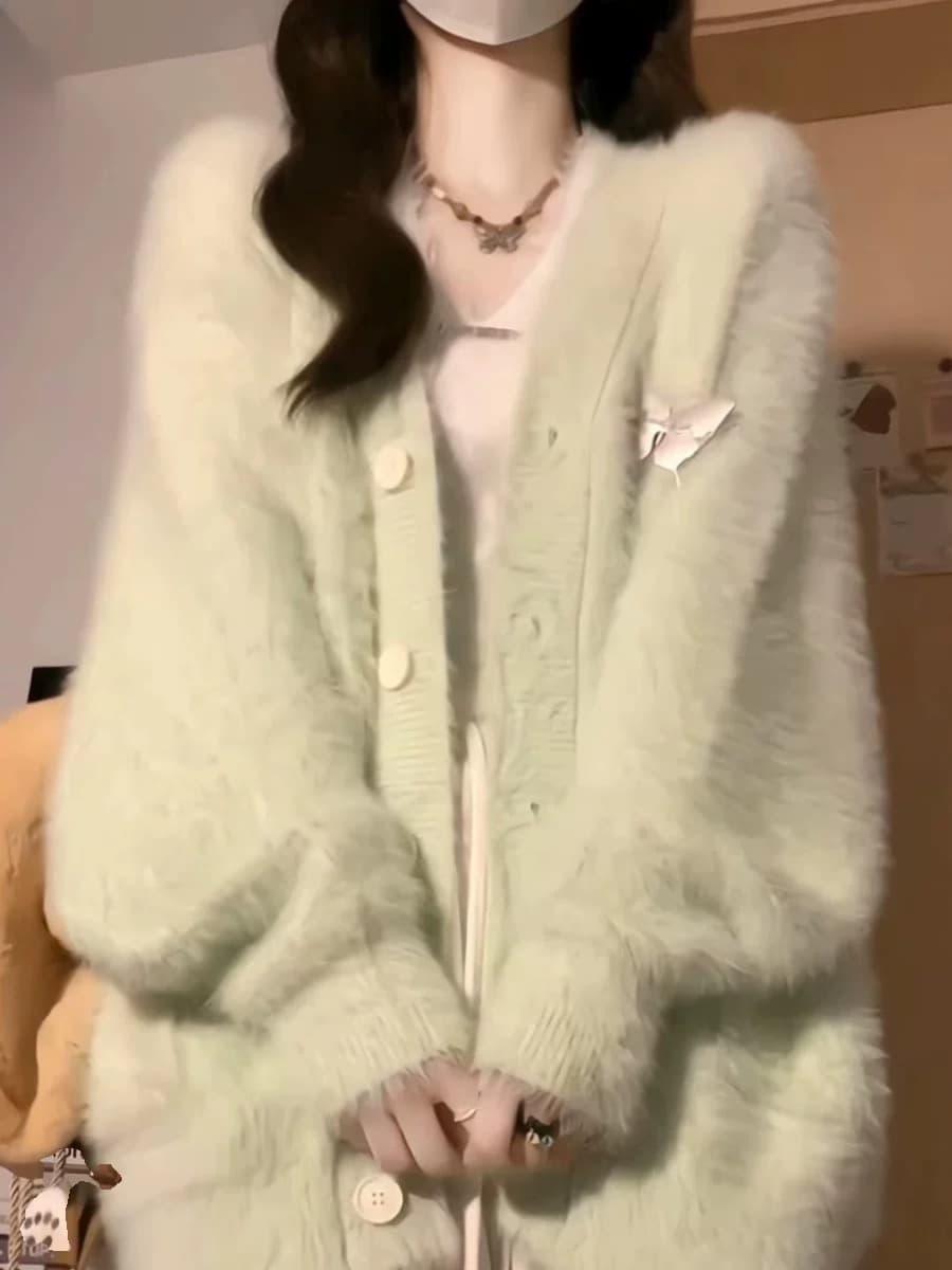 부드러운 바람 V넥 오픈 가디건 스웨터 여자 플리스 플러시 우유 fufu 와이드 부드러운 찹쌀 니트 재킷 상세 이미지 3