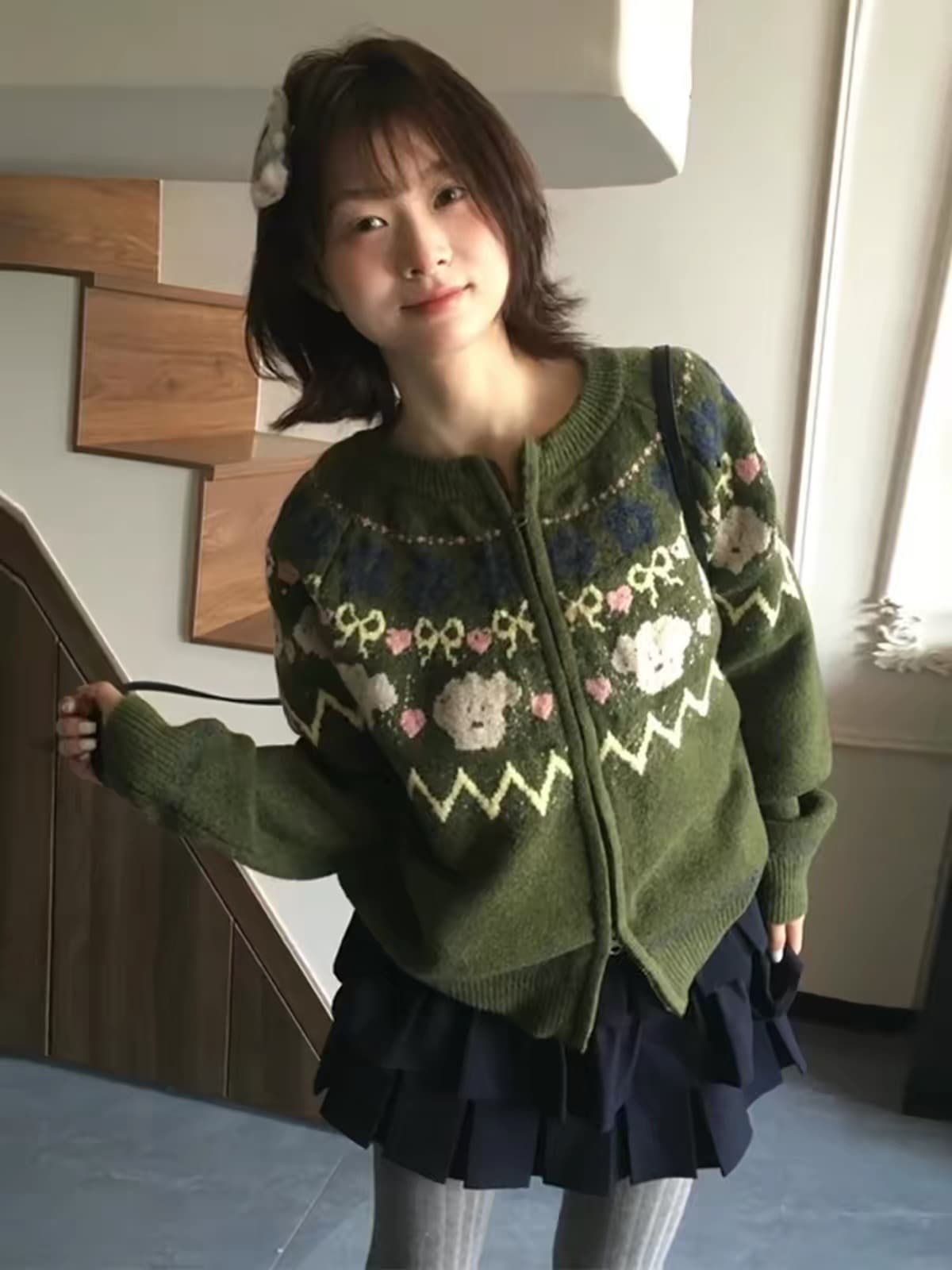 녹색 레트로 공정한 섬 스웨터 오픈 가디건 여성 2026 새로운 가을 겨울철 크리스마스 착용 가져 가라. 와이드 부드러운 찹쌀 두꺼움 맨위 상세 이미지 3