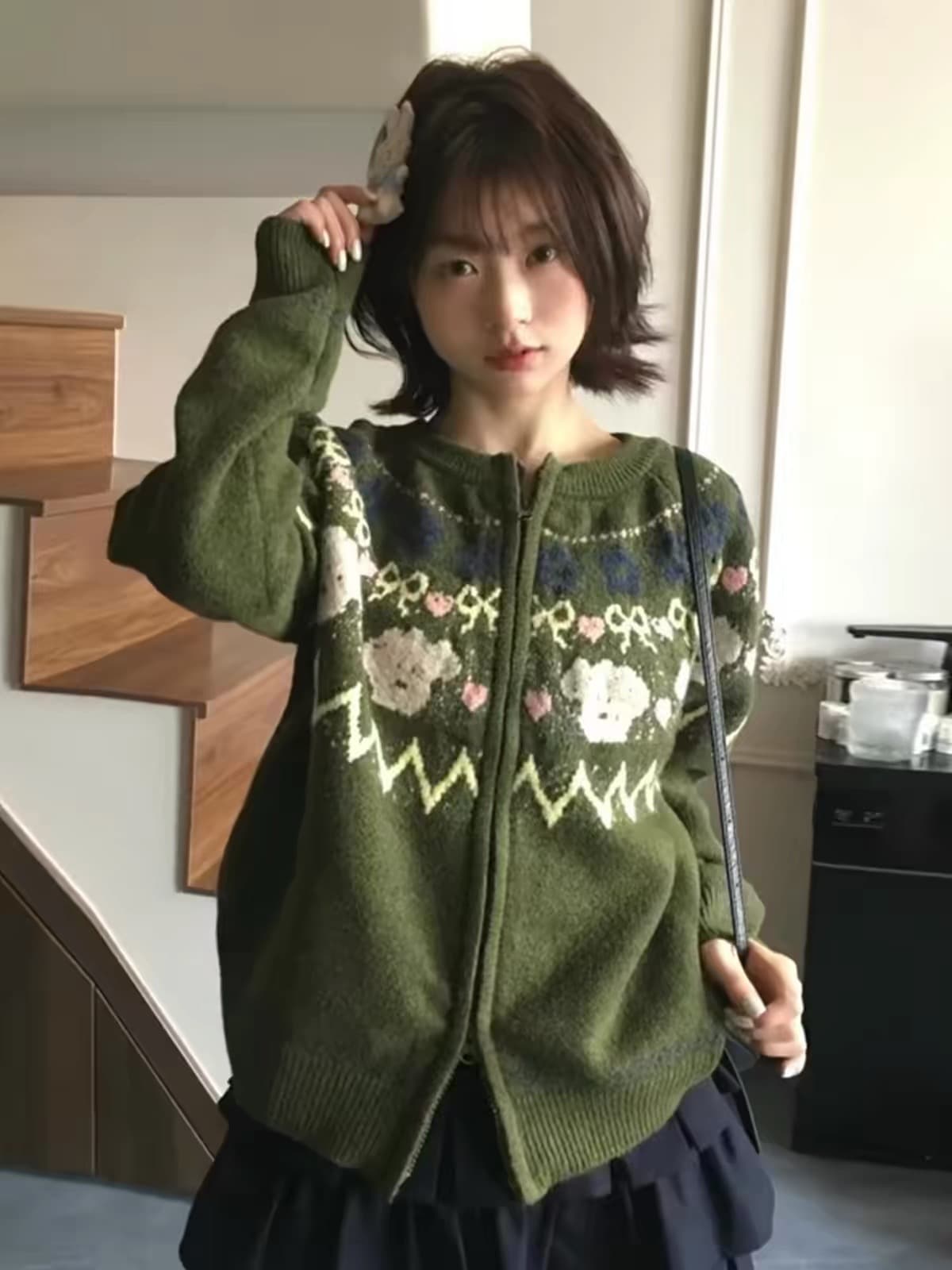 녹색 레트로 공정한 섬 스웨터 오픈 가디건 여성 2026 새로운 가을 겨울철 크리스마스 착용 가져 가라. 와이드 부드러운 찹쌀 두꺼움 맨위 상세 이미지 4