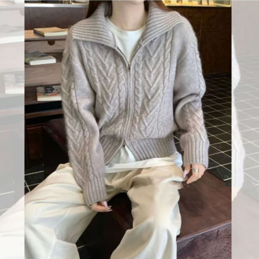 꽈배기 지퍼 스웨터 여성 코트 가을 겨울철 두꺼운 디자인 센스 작은 대중 외출용 느긋한 바람 니트 오픈 가디건 상세 이미지 2