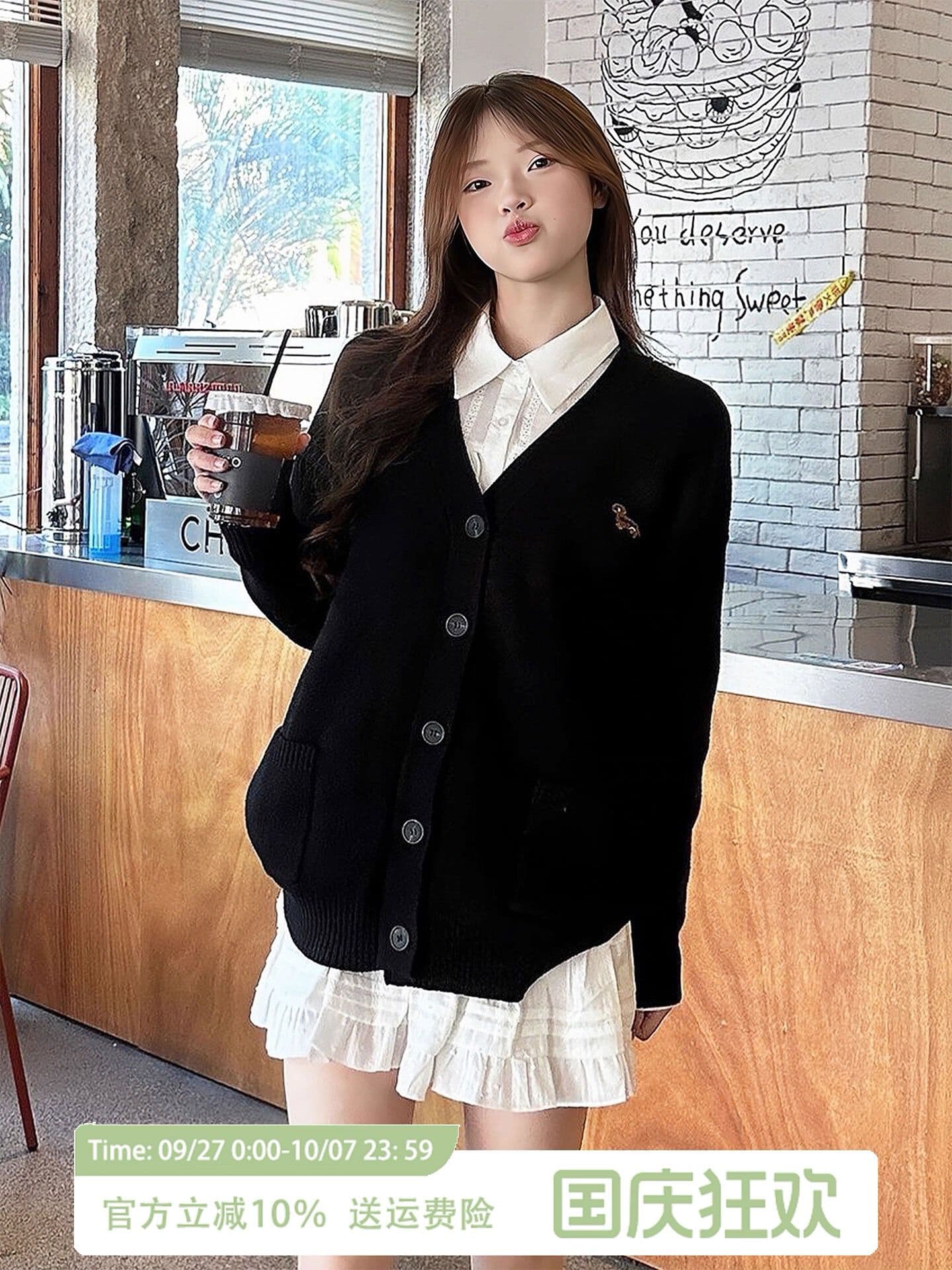 한 부서 느긋한 스웨터 여성 코트 가을 검정색 V넥 니트 오픈 가디건 루즈핏 슬림해 보이는 학원 스타일 부드러운 찹쌀 맨위 상세 이미지 1