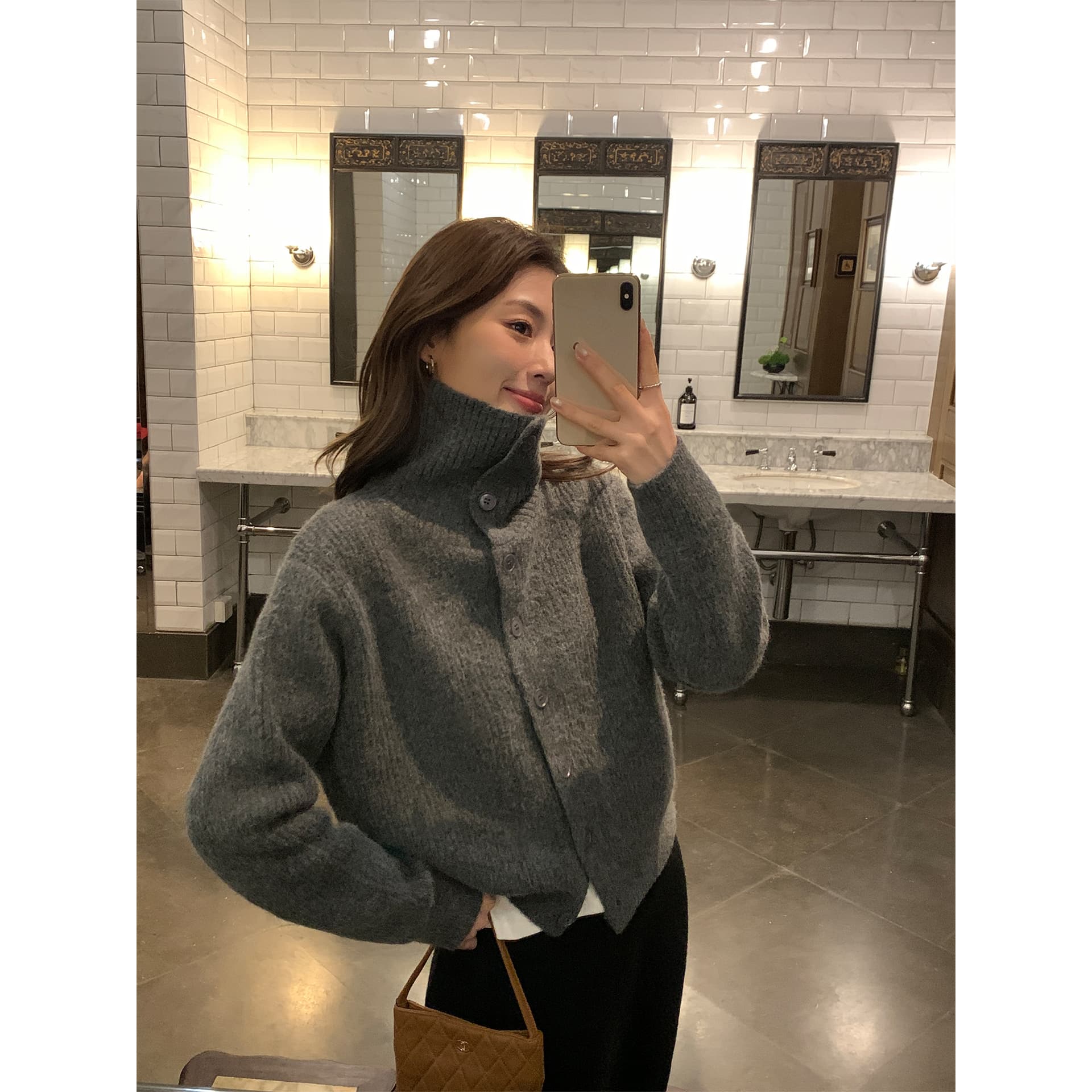터틀넥 스웨터 오픈 가디건 여성 새로운 레트로 폴로 칼라 루즈핏 품격 재킷 니트 맨위 이미지 4