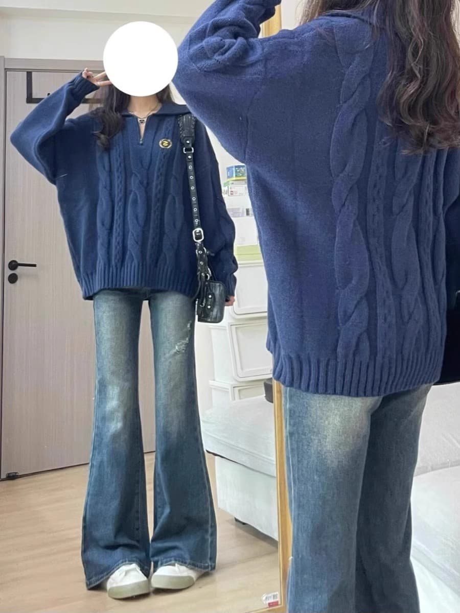 학원 스타일 루즈핏 다용도 풀오버 니트 스웨터 여성 가을 겨울철 출퇴근 지퍼 스웨터 디자인 센스 느긋한 바람 맨위 상세 이미지 5