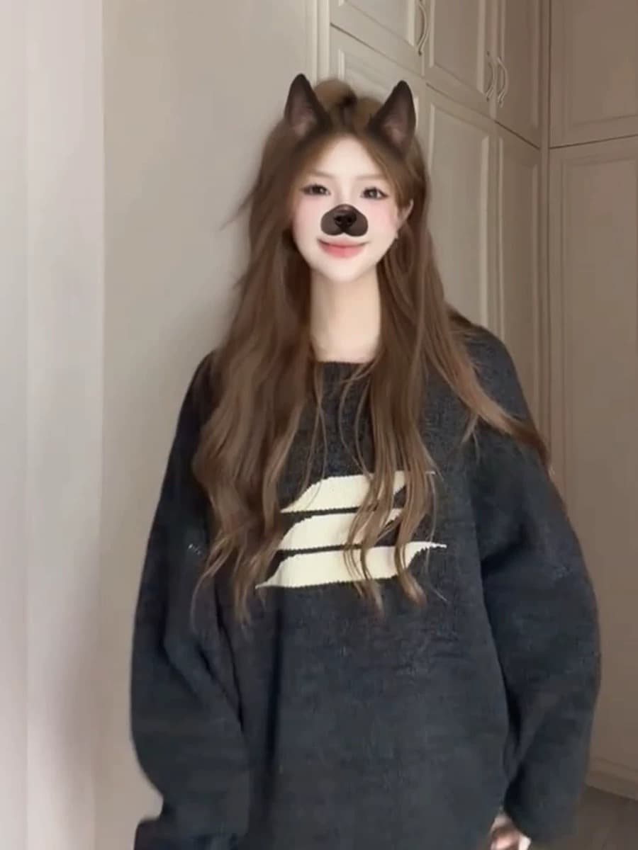 아메리칸 레트로 라운드 넥 스웨터 여자 가을 미니멀리즘 프린트 긴팔 니트 스웨터 루즈핏 느긋한 바람 다용도 맨위 상세 이미지 4