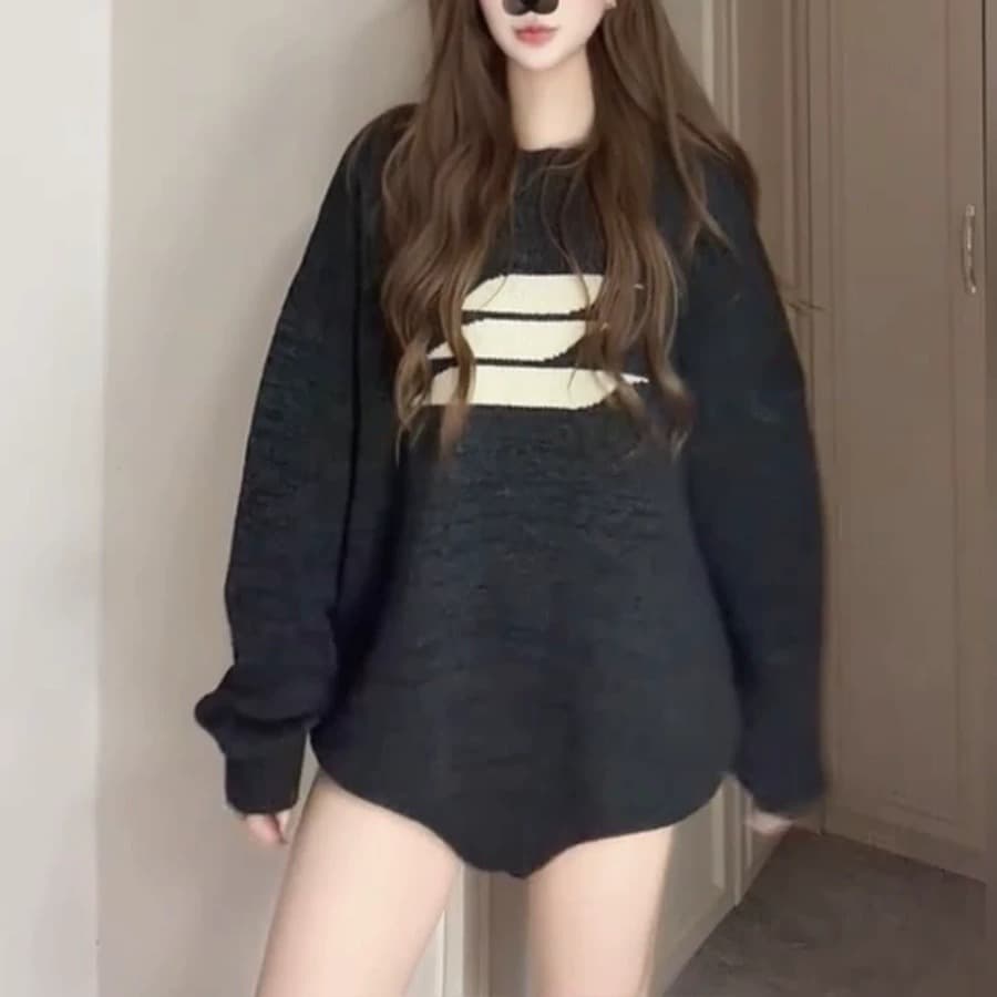 아메리칸 레트로 라운드 넥 스웨터 여자 가을 미니멀리즘 프린트 긴팔 니트 스웨터 루즈핏 느긋한 바람 다용도 맨위 상세 이미지 5