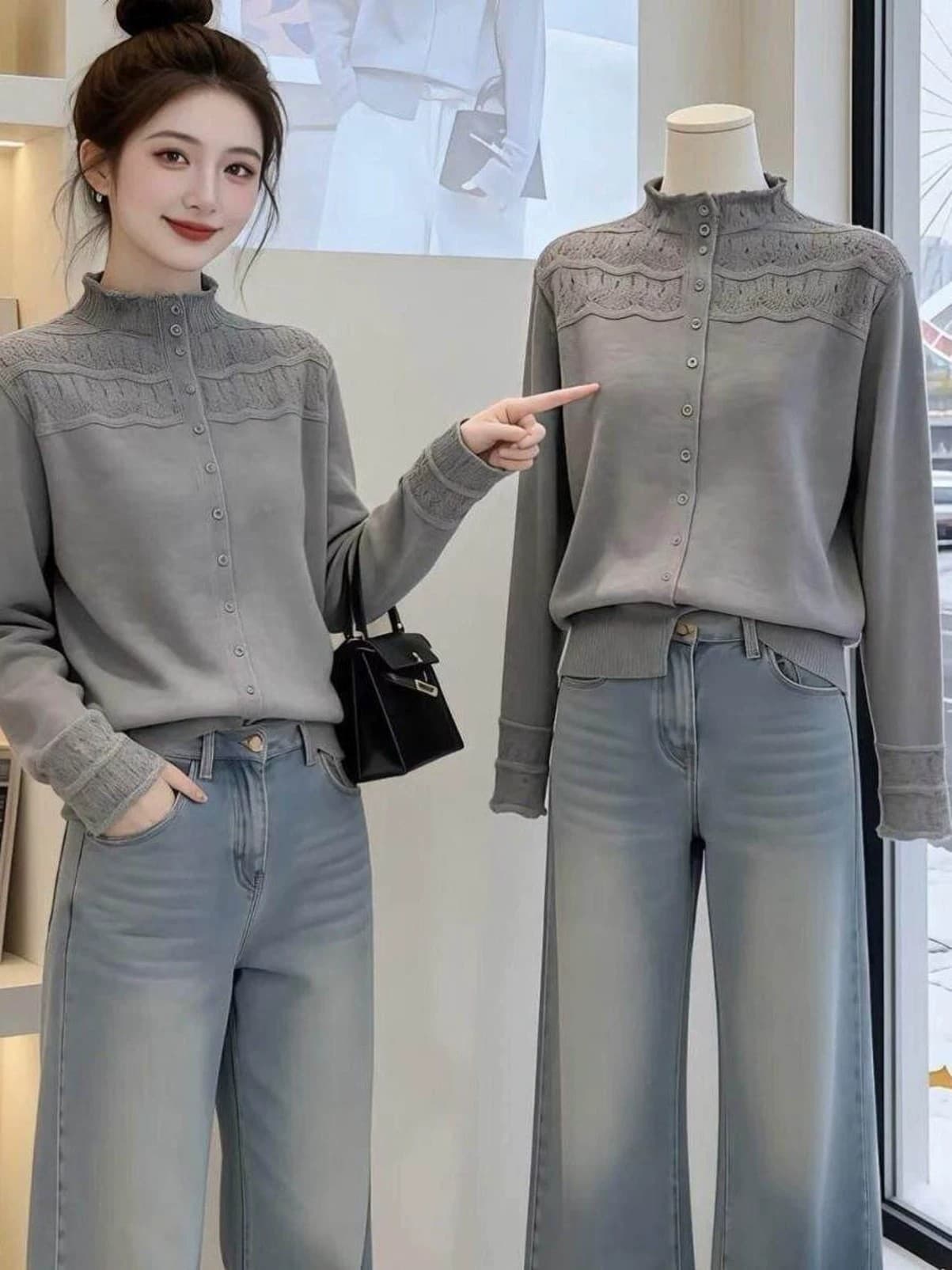 홀로우 아웃 레이스 반하이넥 부드러운 찹쌀 니트 오픈 가디건 여성 봄 부드러운 바람 루즈핏 슬림해 보이는 스웨터 이미지 3