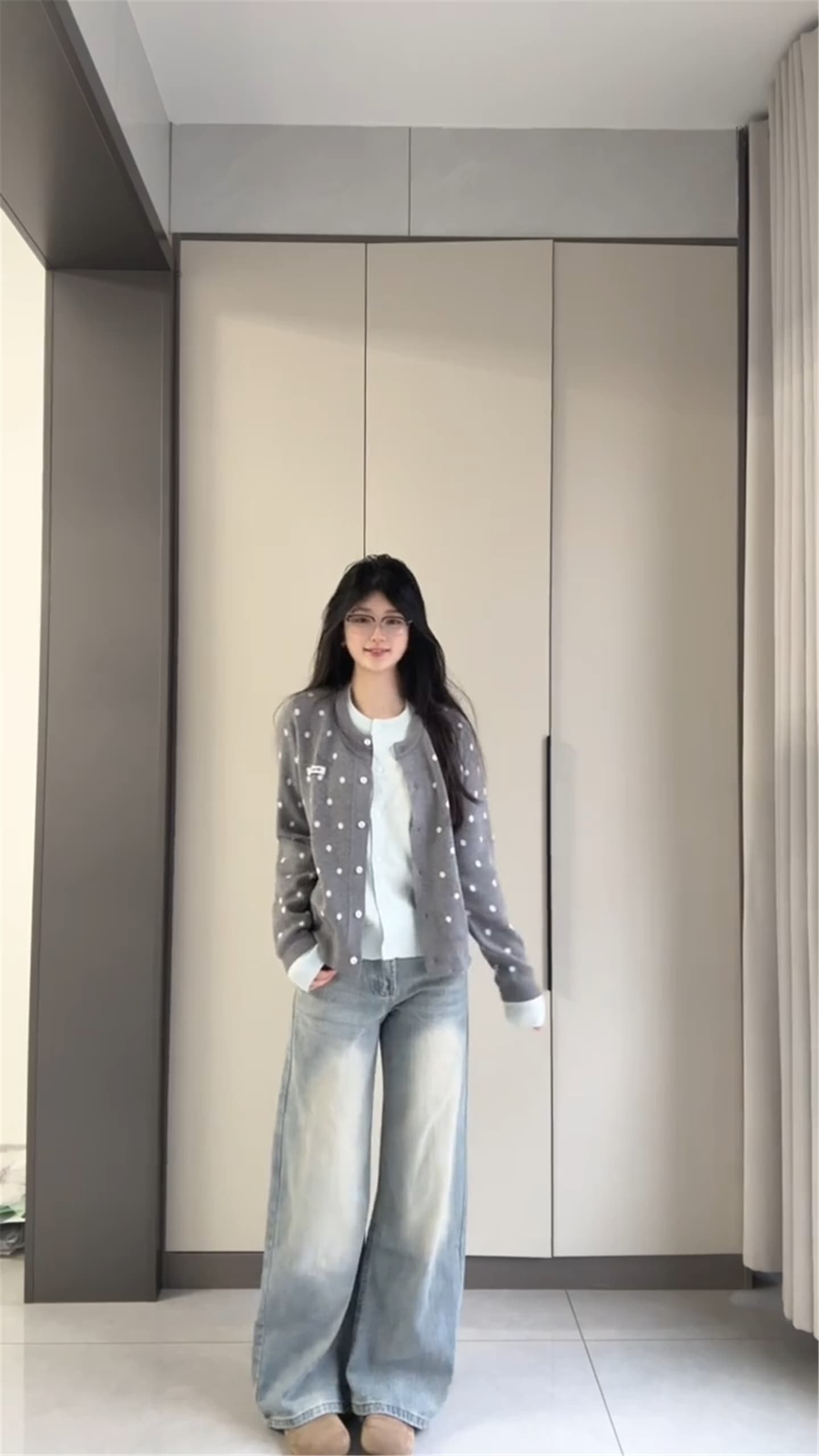 한 부서 레트로 도트 무늬 배색 페이크 레이어드 니트 오픈 가디건 스웨터 여자 봄 가을 디자인 센스 다용도 긴팔 맨위 상세 이미지 3