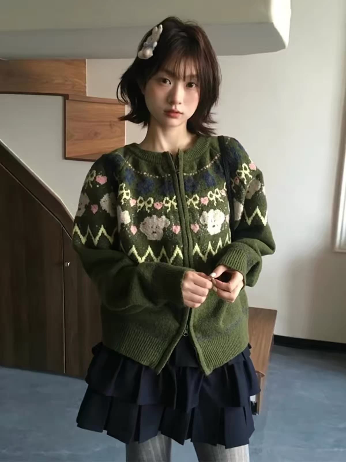 녹색 레트로 공정한 섬 스웨터 오픈 가디건 여성 2026 새로운 가을 겨울철 크리스마스 착용 가져 가라. 와이드 부드러운 찹쌀 두꺼움 맨위 이미지 3