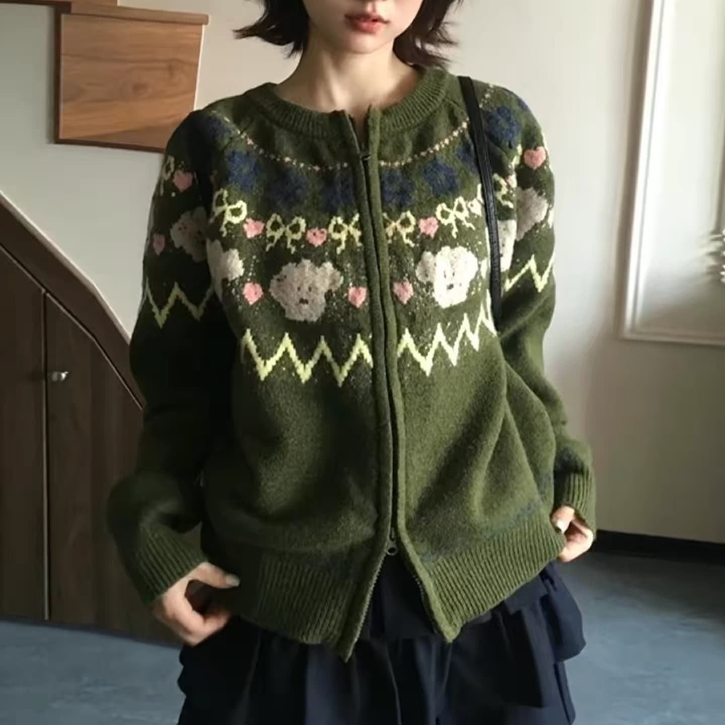 녹색 레트로 공정한 섬 스웨터 오픈 가디건 여성 2026 새로운 가을 겨울철 크리스마스 착용 가져 가라. 와이드 부드러운 찹쌀 두꺼움 맨위 이미지 4