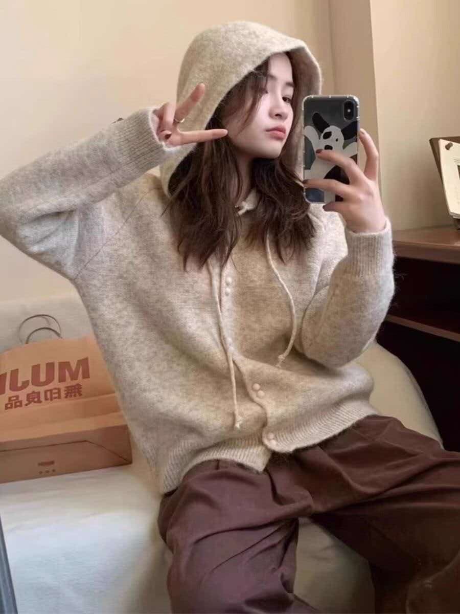후드 단추 스웨터 여성 코트 가을 느긋한 바람 부드러운 찹쌀 루즈핏 캐주얼 긴팔 니트 오픈 가디건 맨위 상세 이미지 5