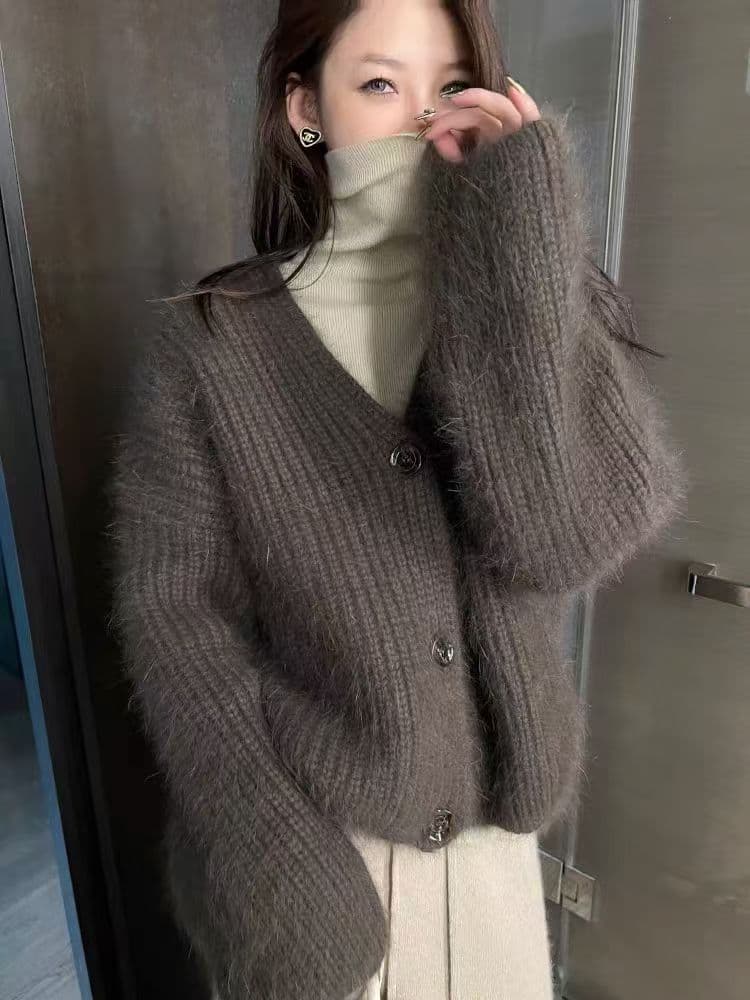 가을 겨울 새로운 느긋한 바람 두꺼운 긴팔 니트 오픈 가디건 여성 품격 슬림해 보이는 캐주얼 V넥 외출용 부드러운 찹쌀 털 상세 이미지 4