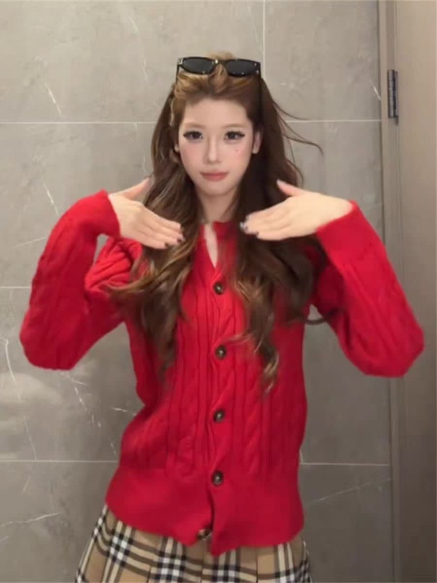 띠띠해 빨간색 꽈배기 니트 오픈 가디건 여성 가을 겨울 새로운 크리스마스 작은 대중 디자인 긴팔 스웨터 코트 트렌디 이미지 2