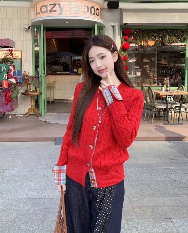 한 부서 학원 스타일 체크무늬 패치워크 커프스 꽈배기 니트 오픈 가디건 여성 겨울 새로운 고급 레트로 라운드 넥 스웨터 상세 이미지 3