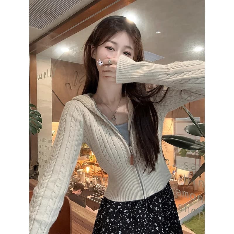 한 부서 하이웨이스트 쇼트 스타일 꽈배기 스웨터 오픈 가디건 여성 봄 가을 외부 가져 가라. 달콤한 매운맛 지퍼 맨위 모자 포함 니트 여성 코트 이미지 2