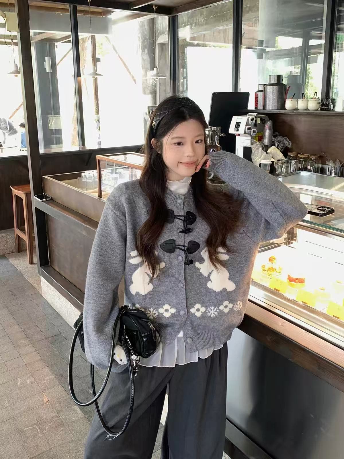 아메리칸 레트로 토끼 자카드 니트 오픈 가디건 여성 봄 가을 느긋한 바람 디자인 센스 루즈핏 스웨터 코트 맨위 이미지 4