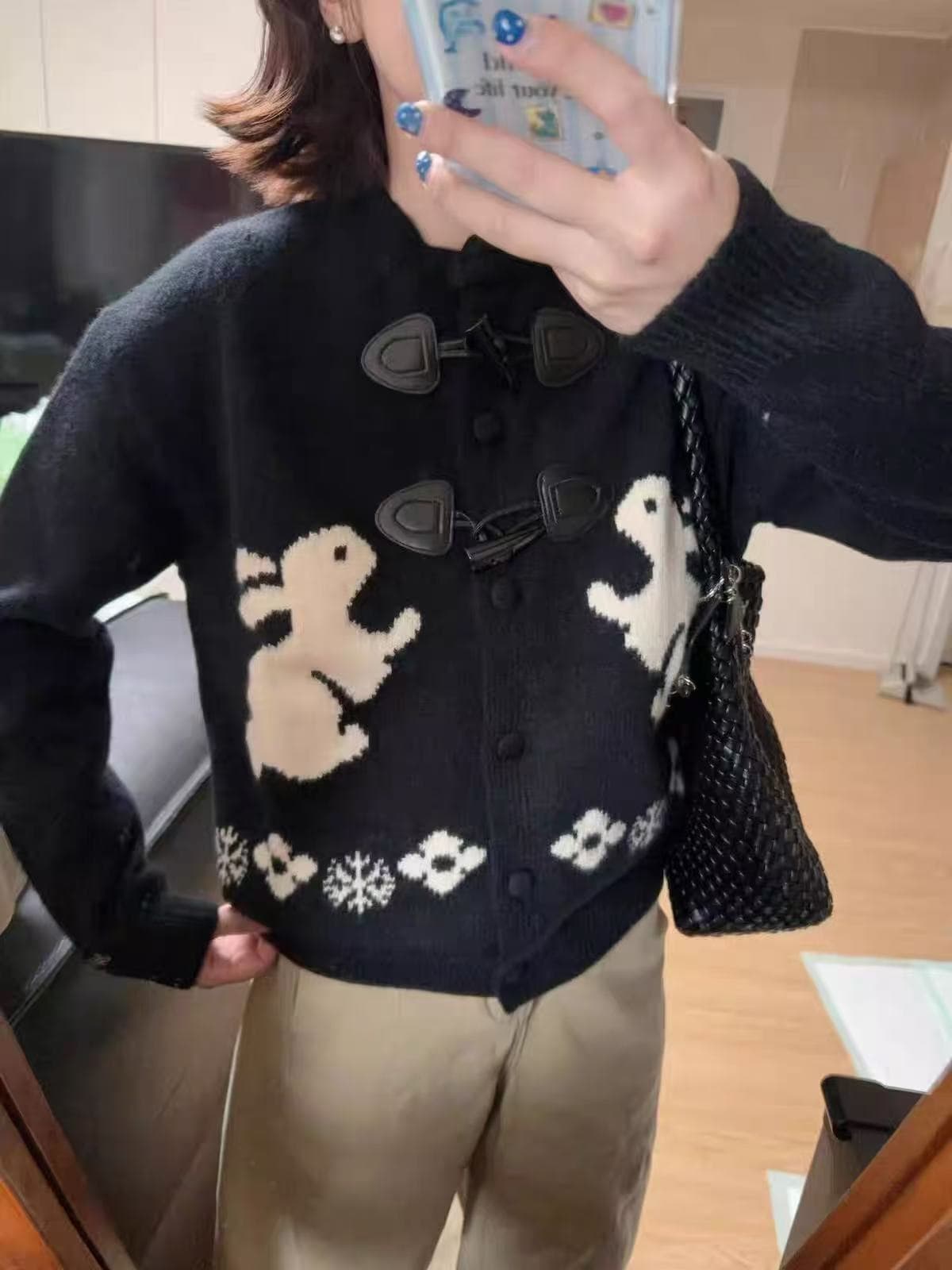 아메리칸 레트로 토끼 자카드 니트 오픈 가디건 여성 봄 가을 느긋한 바람 디자인 센스 루즈핏 스웨터 코트 맨위 상세 이미지 1