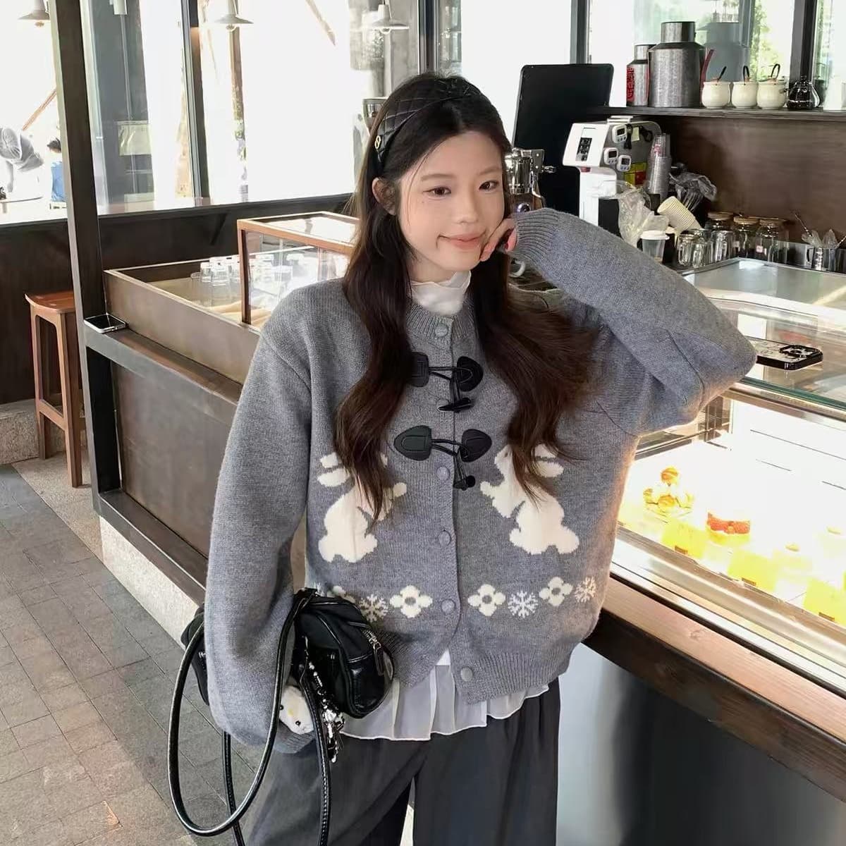 아메리칸 레트로 토끼 자카드 니트 오픈 가디건 여성 봄 가을 느긋한 바람 디자인 센스 루즈핏 스웨터 코트 맨위 상세 이미지 5