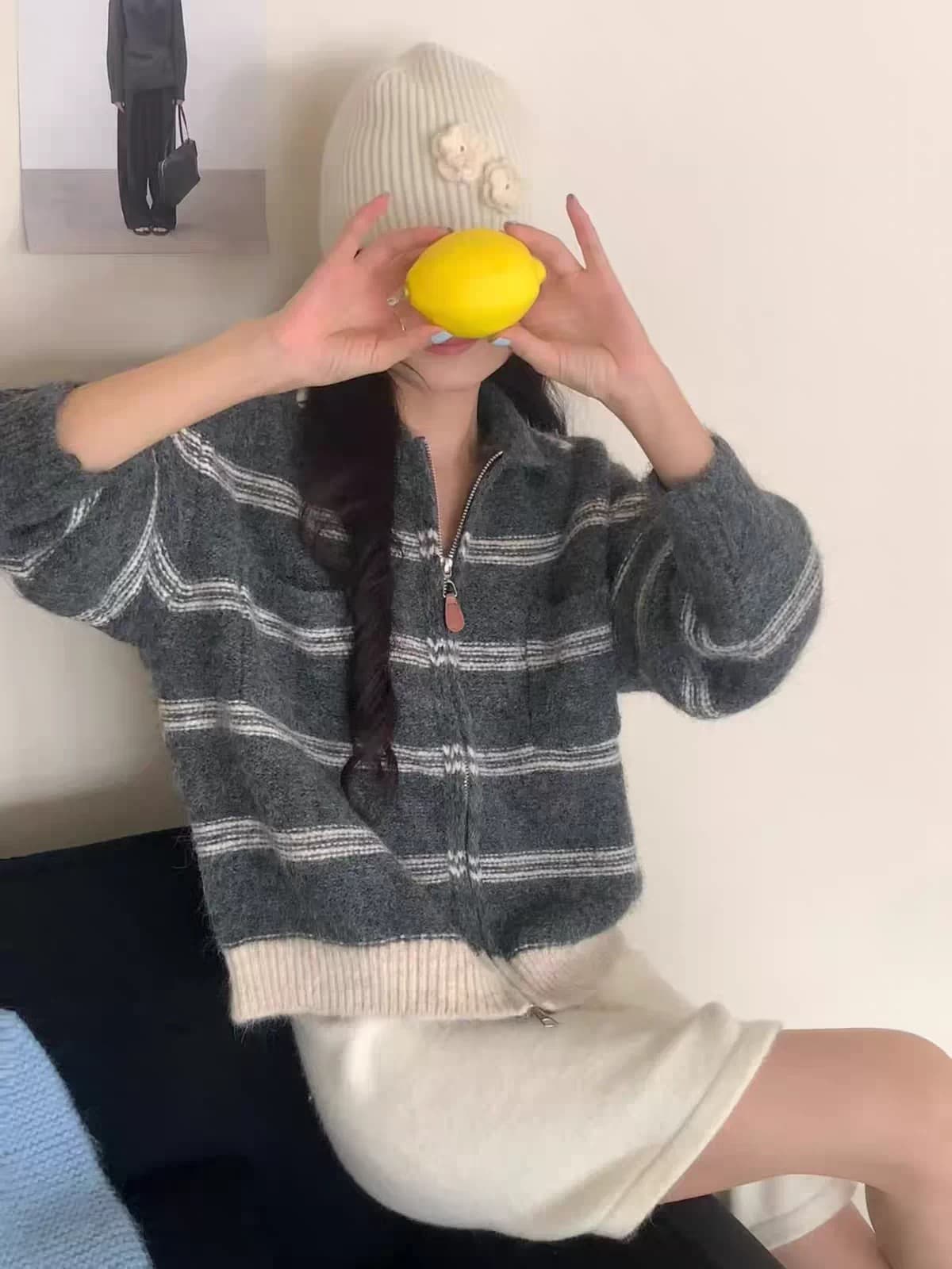 폴로 칼라 양방향 지퍼 문 襟 스트라이프 니트 오픈 가디건 부드러운 찹쌀 꽃 실 루즈핏 느긋한 바람 벨트 주머니 스웨터 상세 이미지 6