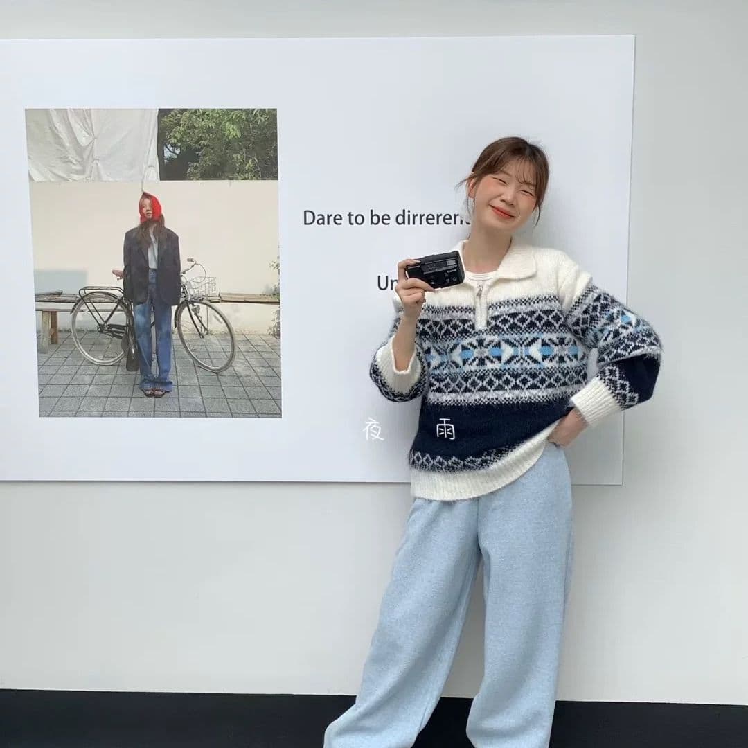 레트로 가을 겨울 새로운 공정한 섬 느긋한 지퍼 두꺼운 스웨터 폴로 칼라 루즈핏 자카드 니트 스웨터 맨위 재킷 상세 이미지 10