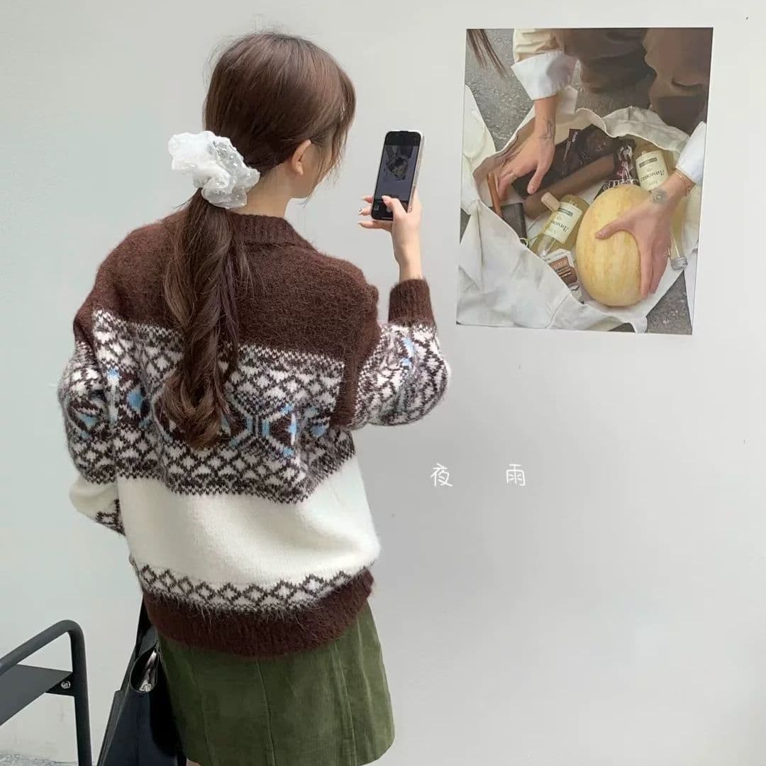 레트로 가을 겨울 새로운 공정한 섬 느긋한 지퍼 두꺼운 스웨터 폴로 칼라 루즈핏 자카드 니트 스웨터 맨위 재킷 상세 이미지 11