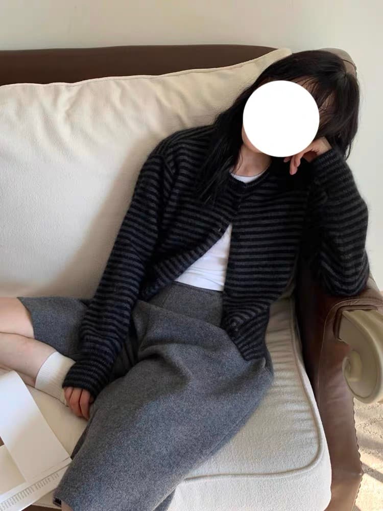 한 부서 레트로 블랙 회색 스트라이프 긴팔 니트 오픈 가디건 여성 가을 얇은 스타일 스웨터 코트 스택 착용 외부 가져 가라. 짧은 맨위 상세 이미지 2