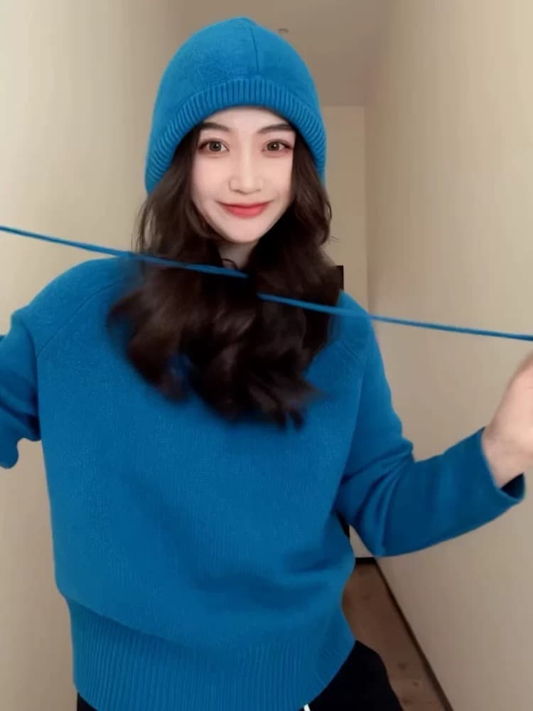 톰 글 래 원인 파란색 펌프 로프 후드 스웨터 여자 가을 겨울 인사이드 가져 가라. 한국 스타일 슈퍼 잘 생긴 모자 포함 니트 스웨터 부드러운 찹쌀 맨위 상세 이미지 4
